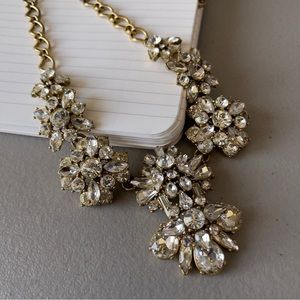 J Crew Clear Rhinestones Antique Gold Toned Chain Link Flower Statement Necklace